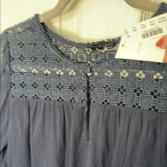 J. Crew Sheer Navy Blue Summer Long Sleeve Lace Blouse - Picture 3 of 7